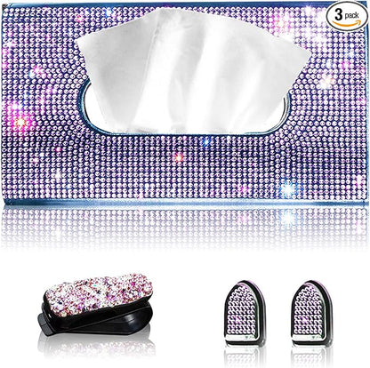 Car Visor Tissue Box Holder, Bling Crystals PU Leather Napkin Holder, Glitter Car Visor Accessories with Sparkly Mask Hook Clip for Women, Gift for Christmas Thanksgiving (Purple 4 pcs)
