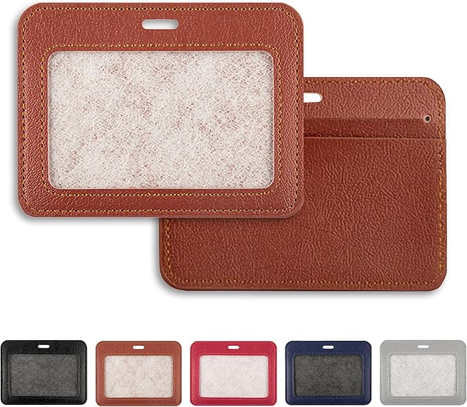 2 Pcs Brown Leather Horizontal ID Badge Holder, Multiple Card Slots, Durable PU Leather, Perfect for Offices, Staff, Students