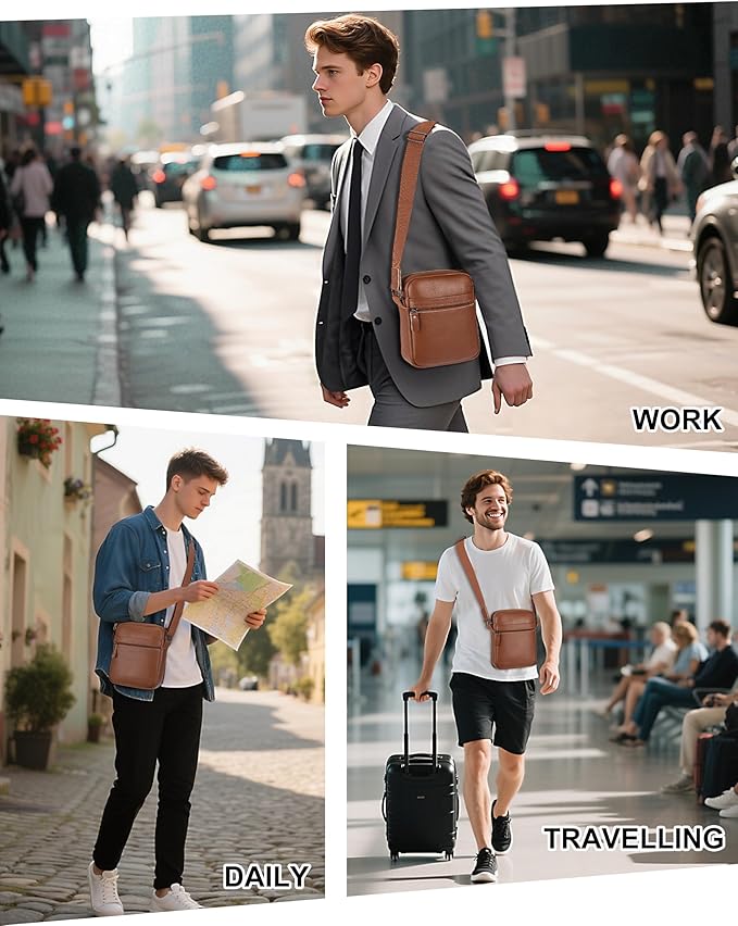 Leathario Men's Crossbody Shoulder Bag, Genuine Leather Small Messenger Satchel for Work Business Travel, Black Side Purse