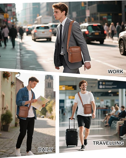 Leathario Men's Crossbody Shoulder Bag, Genuine Leather Small Messenger Satchel for Work Business Travel, Black Side Purse