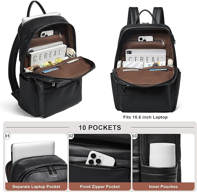 Vegan Leather Backpack for Women and Men, Fits 16.0 Inch Laptop, Multi-Pocket Design with Water Bottle and Luggage Strap, Ideal for Work, Travel, and Daily Use, Black