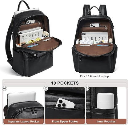 Vegan Leather Backpack for Women and Men, Fits 16.0 Inch Laptop, Multi-Pocket Design with Water Bottle and Luggage Strap, Ideal for Work, Travel, and Daily Use, Black