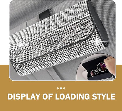 Bling Sunglasses Holder for Car Sun Visor, Rhinestone Auto Eyeglasses Mount Clip Organizer, Leather Sunvisor Sunglasses Storage Case, Universal Glasses Holder Clips for SUV, Sedan, Van (White)