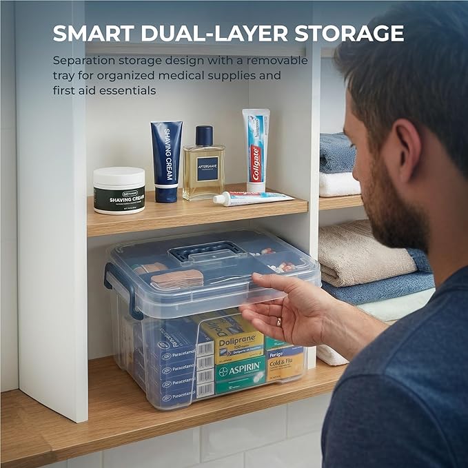 Pulseplay Clear Medicine Organizer Box with Handle Medicine Cabinet Organizer with Removable Tray First Aid Box Empty for Home Travel Outdoor (Blue)