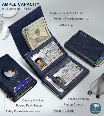 miyozi Airtag Wallet for Men,with Cash Pocket 2 ID Window 9-12 Cards,Metal Case Smart Slim Pop Up Credit Card Holder Flip with Magnetic Closure RFID Blocking Trifold wallet with Gift Box