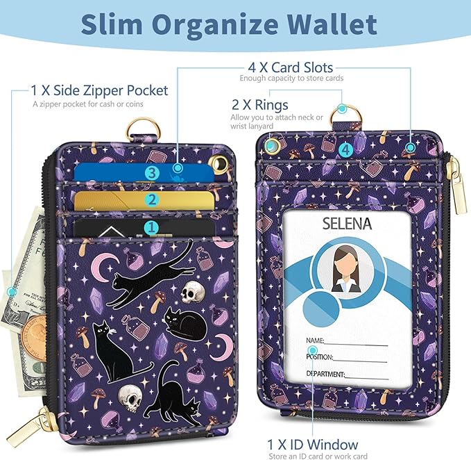 Lanyard Wallet with Id Badge Holder, Cat RFID Small Keychain Wallet Women Wristlet, Goth Skull Zipper Credit Card Holder Phone Wrist Neck Strap for Key Name Tag, Teacher Student Office Gifts