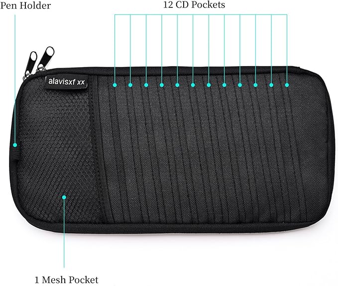alavisxf xx Car CD Holder, DVD Vehicle Visor Storage Organizer, Large Capacity CD Visor Case with 12 Sleeves, 1 Mesh Pocket, 1 Pen Holder, 1 Back Inner Pocket (Black)