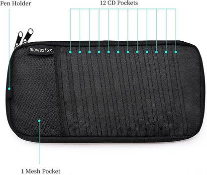 alavisxf xx Car CD Holder, DVD Vehicle Visor Storage Organizer, Large Capacity CD Visor Case with 12 Sleeves, 1 Mesh Pocket, 1 Pen Holder, 1 Back Inner Pocket (Black)