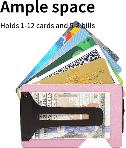 Minimalist Slim Wallet for Men,RFID Blocking Metal Wallet,Aluminum Credit Card Holder & Money Clip 12-15 Cards,Slim Rfid Front Pocket Mens Wallet.Matte Pink