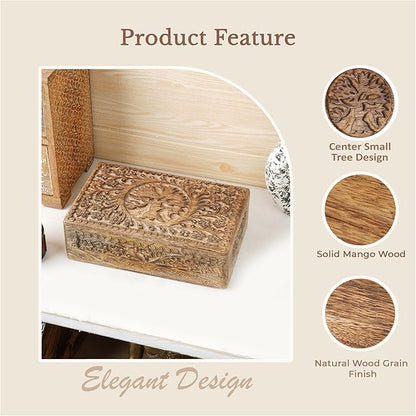 Ajuny Wooden Jewelry Box Tree of Life Carvings Travel Trinket Holder Storage Case Handmade Treasure Box Keepsake 8x5 Inch Multipurpose Organizer Unique Gifts for Men & Women
