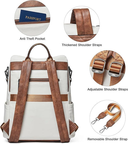 Shrrie 15.6 inch Laptop Backpack for Women,Large Leather Backpack Purse,Travel,Carry on,Water Resistant Casual Laptop Backpacks,College Backpack,Work Backpack for Women,Beige with Brown