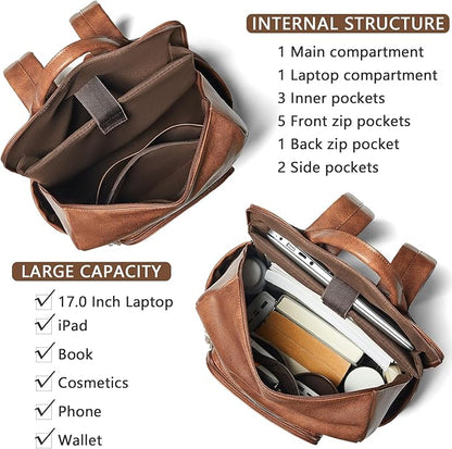 Shrrie Upgraded Large Travel Laptop Backpack with Laptop Compartmetn Fits 17 inch Laptop,Waterproof Vegan Leather Computer Backpack for Women and Men Work Business College