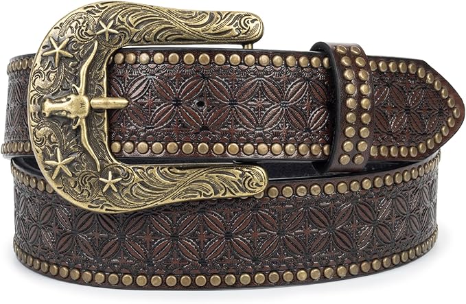 INOGIH Adjustable-Vintage-Western-Cowboy-Belt Women Men - Cowboy-Style Engraved-Buckle Belt for Jeans Pants Dresses