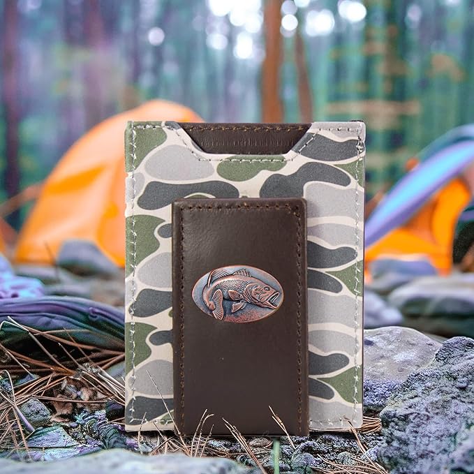 ZEP-PRO Bass Men's Magnetic Front Pocket Old School Camo Leather Wallet – Slim Design with Card Slots and Money Clip, Green/Gray Camo