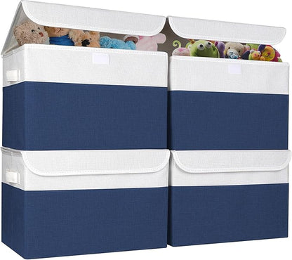 Bagnizer Large 22 Quart Linen Fabric Foldable Storage Bin Cube Organizer Basket with Flip-Top Lid & Handles, Clothes Blanket Box for Home, Office, Closet, Navy Blue & White, 4 Pack 14.6 x 9.5 x 9.5