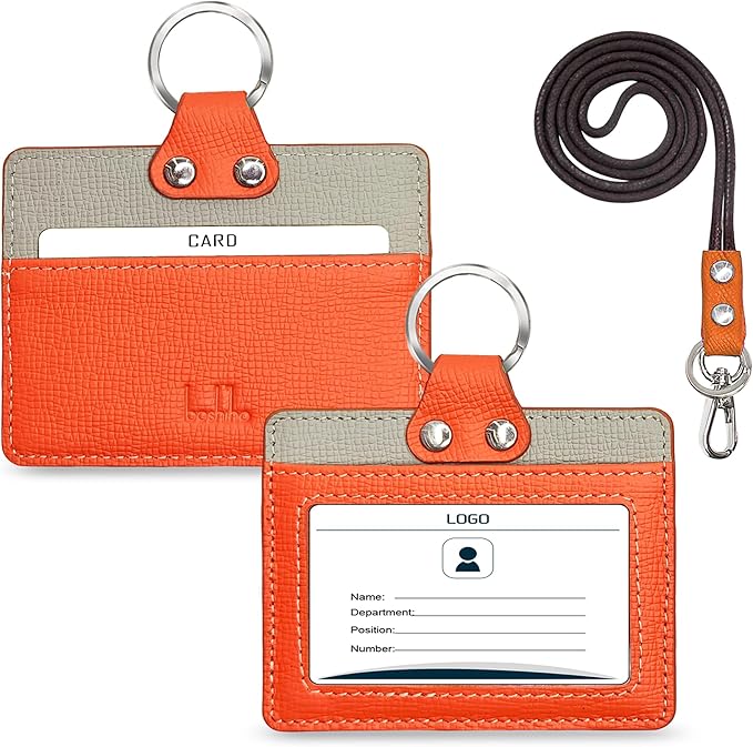Badge Holder: Boshiho Cowhide Leather ID Badge Card Holder with 19" Neck Lanyard, Horizontal Style (Orange)