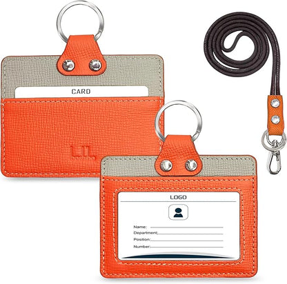 Badge Holder: Boshiho Cowhide Leather ID Badge Card Holder with 19" Neck Lanyard, Horizontal Style (Orange)