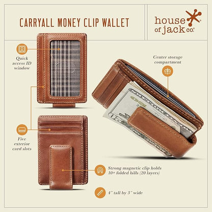 House of Jack Co. Carryall Slim Money Clip Wallet for Men, Super Strong Magnetic Clip, Front Pocket Wallet Card Holder, Full Grain Cowhide Leather, Tan
