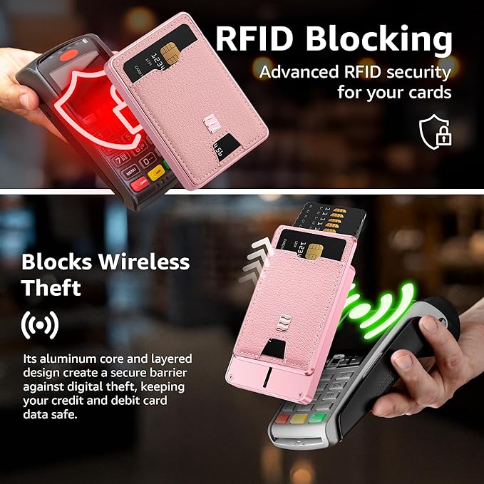 VENICE RFID Blocking Wallet, Minimalist Card Holder with Quick Access, Vegan Leather & Brushed Aluminum, Gift-Ready Packaging (Pink)