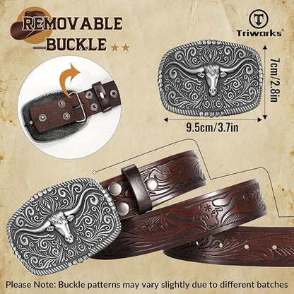 TRIWORKS Western Belt for Men Women Cowboy Engraved Belt Western Buckle Embossed Leather Belt