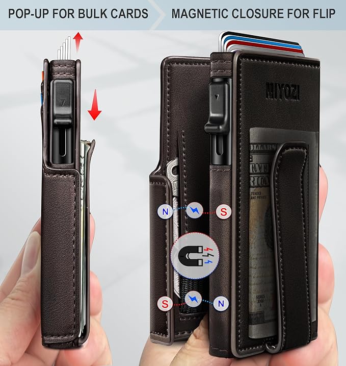 miyozi Wallet for Men, Magnetic Minimalist Slim Wallet with Pop Up Card Holder, 9 Cards RFID Blocking Metal Credit Card Case, Leather Wrapped Money Clip, ID Window & Small Item Slot, Gift Boxed