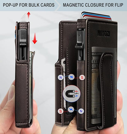 miyozi Wallet for Men, Magnetic Minimalist Slim Wallet with Pop Up Card Holder, 9 Cards RFID Blocking Metal Credit Card Case, Leather Wrapped Money Clip, ID Window & Small Item Slot, Gift Boxed