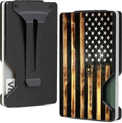 Minimalist Slim Wallet for Men,RFID Blocking Metal Wallet,Aluminum Credit Card Holder & Money Clip 12-15 Cards,Slim Rfid Front Pocket Mens Wallet,Wood American USA Flag
