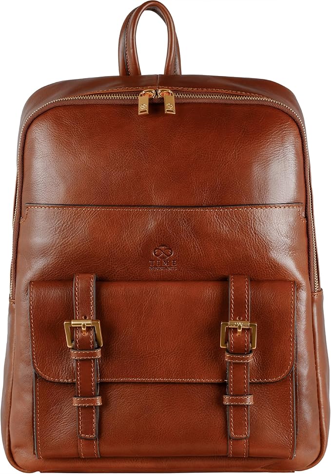 Time Resistance Leather Backpack for Men and Women - Laptop Bag up to 15” - Cognac Brown Business Rucksack