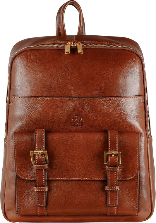 Time Resistance Leather Backpack for Men and Women - Laptop Bag up to 15” - Cognac Brown Business Rucksack