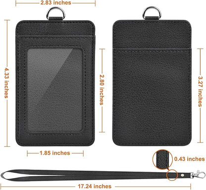 2 Pack PU Leather ID Badge Holder, Life-Mate ID Badge Holder with 1 Clear ID Window 1 Credit Card Slot and PU Leather Lanyard for Badge Credit Cards College ID Cards in Black