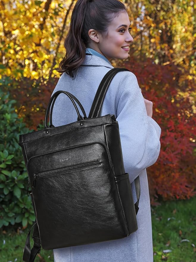 Leather Laptop Backpack for Women, Travel Backpack Purse Fits 15.6 Inch Laptop, Casual Daypack with Laptop Compartment for Teachers College Work Business Nurse Weekender, Black