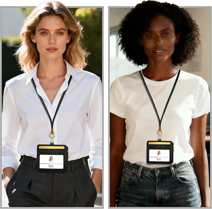 ID Badge Holder with Lanyard, Horizontal PU Leather ID Badge Card Holder with 1 Clear ID Window, 4 Credit Card Slots and a Detachable Neck Lanyard (Horizontal - Black)