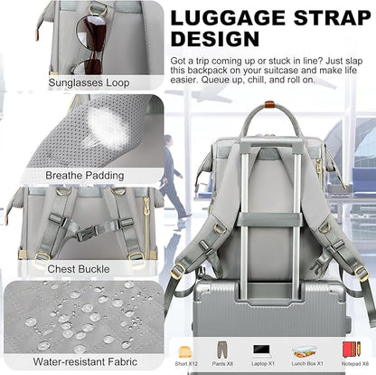Lunch Backpack, 15.6 inch Laptop Backpack with Insulated Lunch Bag, Backpack Cooler for Women, Large Travel Backpack Lunch Box Compartment, Work Computer Backpack, Teacher College Book Bag, Grey