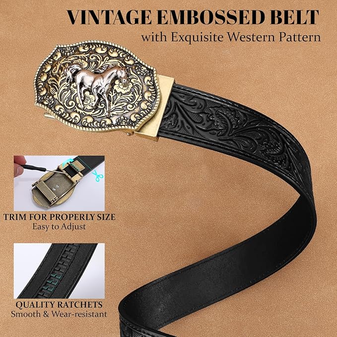 SANSTHS Western Cowboy Ratchet Belts for Men Women Leather Cowboy Belt with Automatic Western Buckle for Jeans Gifts