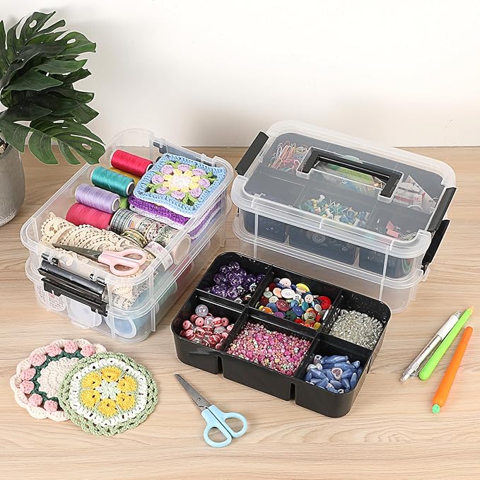 JUXYES 4-Tiers Stack Carry Storage Box With 2 Divided Tray, Transparent Stackable Storage Bin With Handle Lid Latching Storage Container for School & Office Supplies, Black