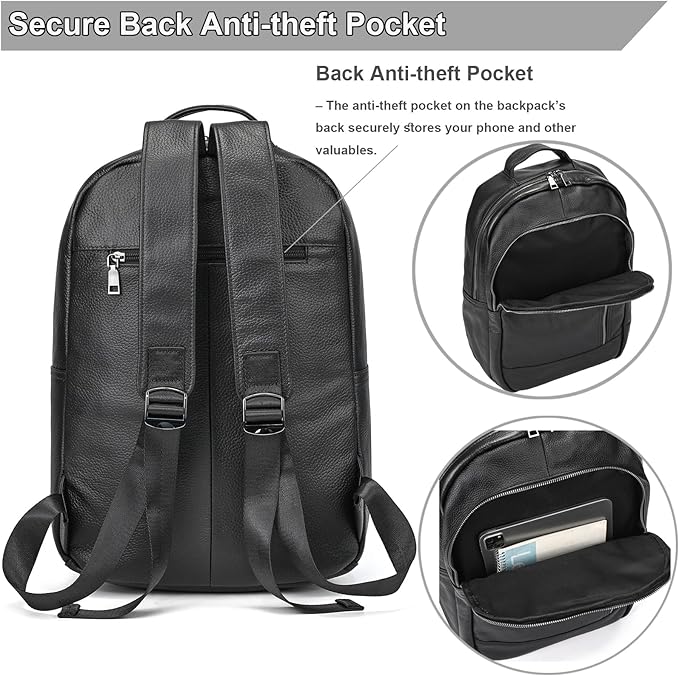 Large Capacity Black Leather Backpack for Men, 15.6 Inch Genuine Leather Laptop Backpack Business Travel Shoulder Daypacks