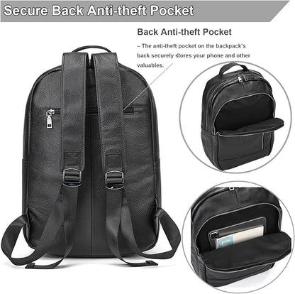 Large Capacity Black Leather Backpack for Men, 15.6 Inch Genuine Leather Laptop Backpack Business Travel Shoulder Daypacks