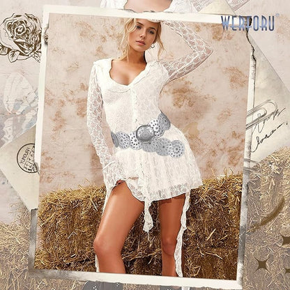 WERFORU Women Vintage Leather Belt Western Disc Waist Belts Ladies Western Belt Boho Belt for Dress Jean-