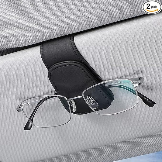 2PCS Sunglasses Holders for Car Sun Visor, Leather Eyeglasses Hanger Mounter, Magnetic Glasses Holder and Ticket Card Clip, Universal Auto Interior Accessories (Black, 1PCS)