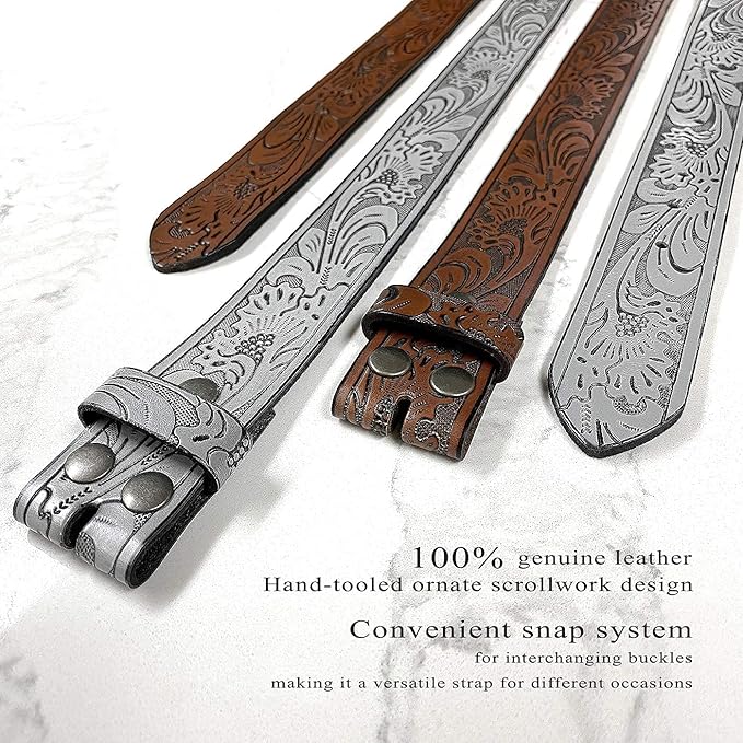 Western Floral Engraved Embossed Tooled Genuine Leather Belt Strap or Belt 1-1/2"(38mm) Wide, Multi-Style Options