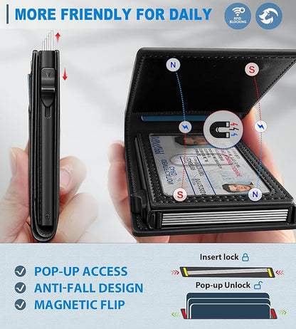 Wallet for Men, Slim Pop Up Card Holder with RFID Blocking, Minimalist Bifold Wallet with 9 Card Slots, ID Window and Cash Pocket, Metal Flip Case with Magnetic Closure, Gift Box