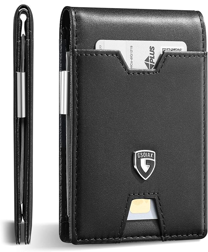 GSOIAX Men's Slim RFID Blocking Leather Wallet with Money Clip Minimalist Carbon Fiber Bifold Credit Card Holder 11 Card Slots Gift Box Included(A-Leather Blcak)