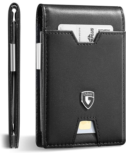 GSOIAX Men's Slim RFID Blocking Leather Wallet with Money Clip Minimalist Carbon Fiber Bifold Credit Card Holder 11 Card Slots Gift Box Included(A-Leather Blcak)