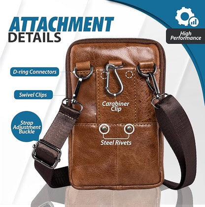 Hengwin Leather Cell Phone Holster Fit for iPhone 17 Pro Max 16 Pro Max 15 Pro Max 14 Pro Max Samsung Galaxy S25 Ultra S24/S23 Ultra Belt Pouch Shoulder Bag Crossbody Purse Case with Belt Clip (Brown)