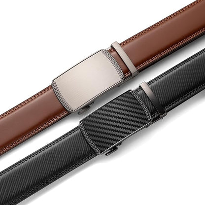 Founders & C Mens Belt 2 Pack,Leather Ratchet Click Belt Dress with Slide Buckle 1 3/8" in Gift Set Box- Size Adjustable