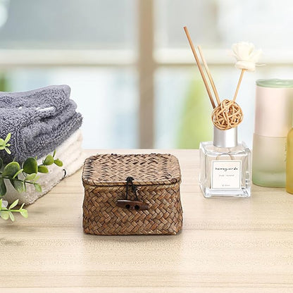 Hipiwe Mini Seagrass Basket Wicker Shelf Baskets with Lid Small Decorative Box Natural Storage Basket for Organizing Key Candy, Home Decor, 3.5"L x 3.5"W x 2"H