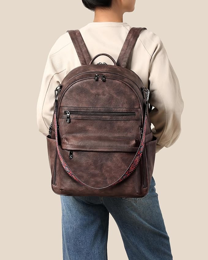 FADEON 15.6 inch Laptop Backpack Purse for Women Designer PU Leather Computer Backpacks Fashion for Work Travel Coffee Brown