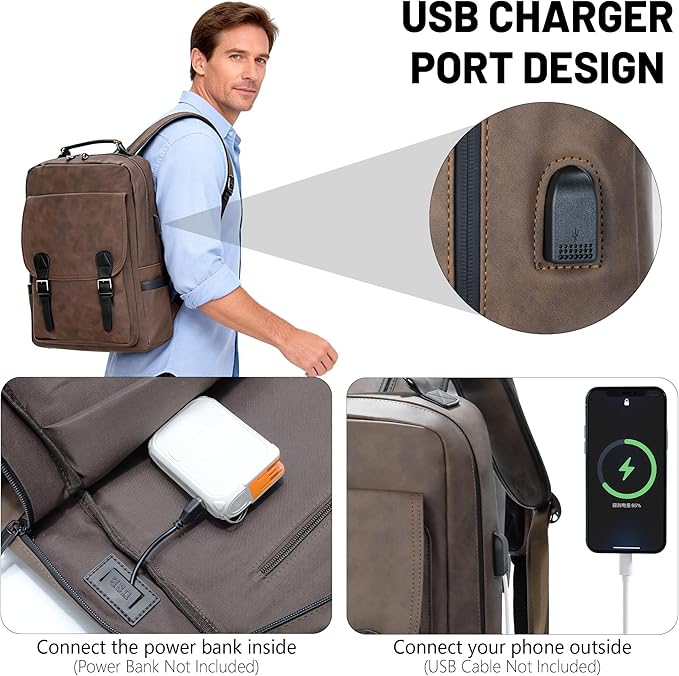 GOWIN Laptop Backpack for Men Work Travel Backpack with USB Charger Waterproof Business Backpack Fit 15.6 Computer Airline Approved Casual Backpack (Brown)