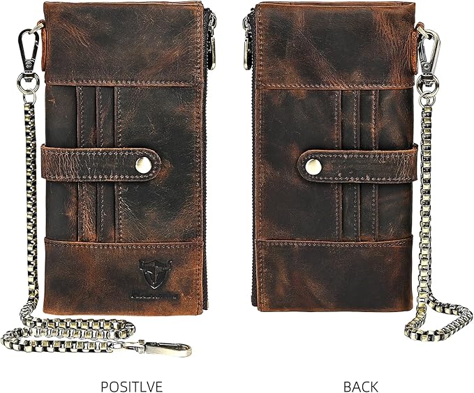 Genuine Crazy Horse Leather Travel Gift Coin Pocket Card Case Long Organizer Chain Rfid Wallet Purse With Snap For Men Male 1803 1815 (1822 Brown)