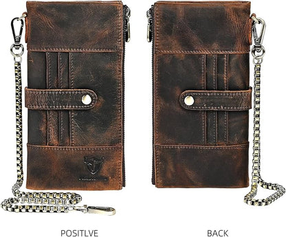 Genuine Crazy Horse Leather Travel Gift Coin Pocket Card Case Long Organizer Chain Rfid Wallet Purse With Snap For Men Male 1803 1815 (1822 Brown)